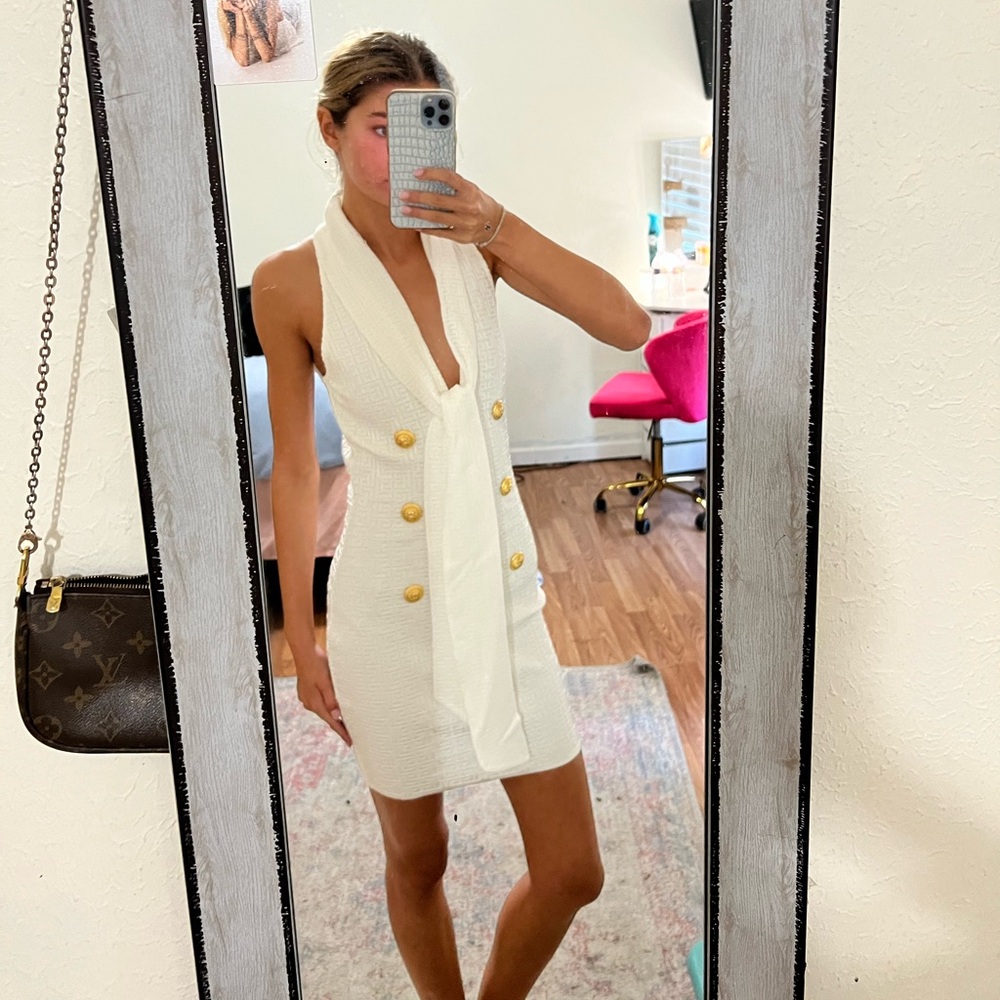 Balmain White Mini Dress with Gold Buttons